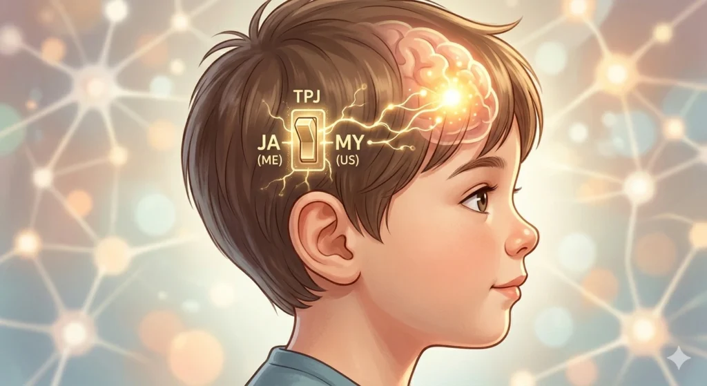 Detailná ilustrácia profilu hlavy dieťaťa so zameraním na zrenie temporoparietálneho spojenia (TPJ) a prefrontálneho kortexu.