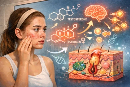 Tínedžerka pred zrkadlom s akné, doplnené vizualizáciou biologických procesov v koži počas puberty