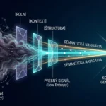Abstraktné znázornenie premeny nejasného zadania na presný matematický signál v prostredí umelej inteligencie, znázorňujúce znižovanie sémantickej entropie.