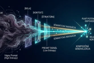 Abstraktné znázornenie premeny nejasného zadania na presný matematický signál v prostredí umelej inteligencie, znázorňujúce znižovanie sémantickej entropie.