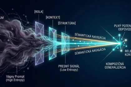 Abstraktné znázornenie premeny nejasného zadania na presný matematický signál v prostredí umelej inteligencie, znázorňujúce znižovanie sémantickej entropie.