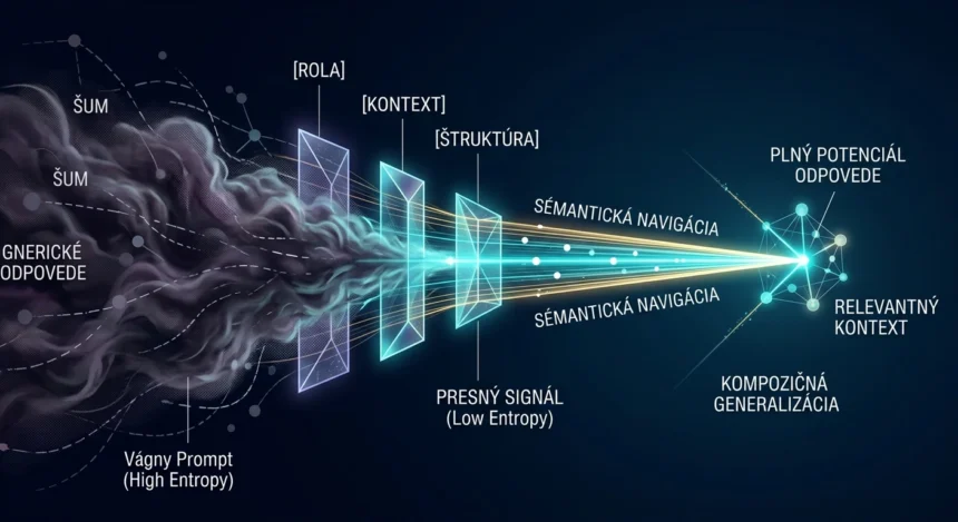 Abstraktné znázornenie premeny nejasného zadania na presný matematický signál v prostredí umelej inteligencie, znázorňujúce znižovanie sémantickej entropie.