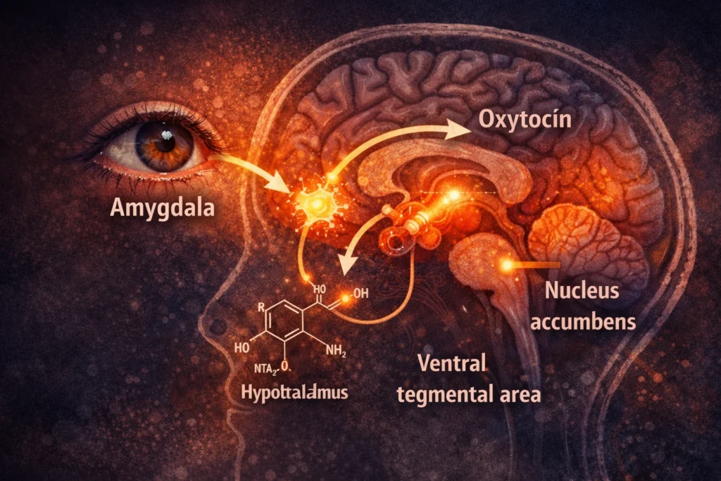 Anatomický prierez ľudským mozgom so zvýraznením oblastí Nucleus accumbens, Ventral tegmental area, Hypotalamus a Amygdala v kontexte uvoľňovania oxytocínu.