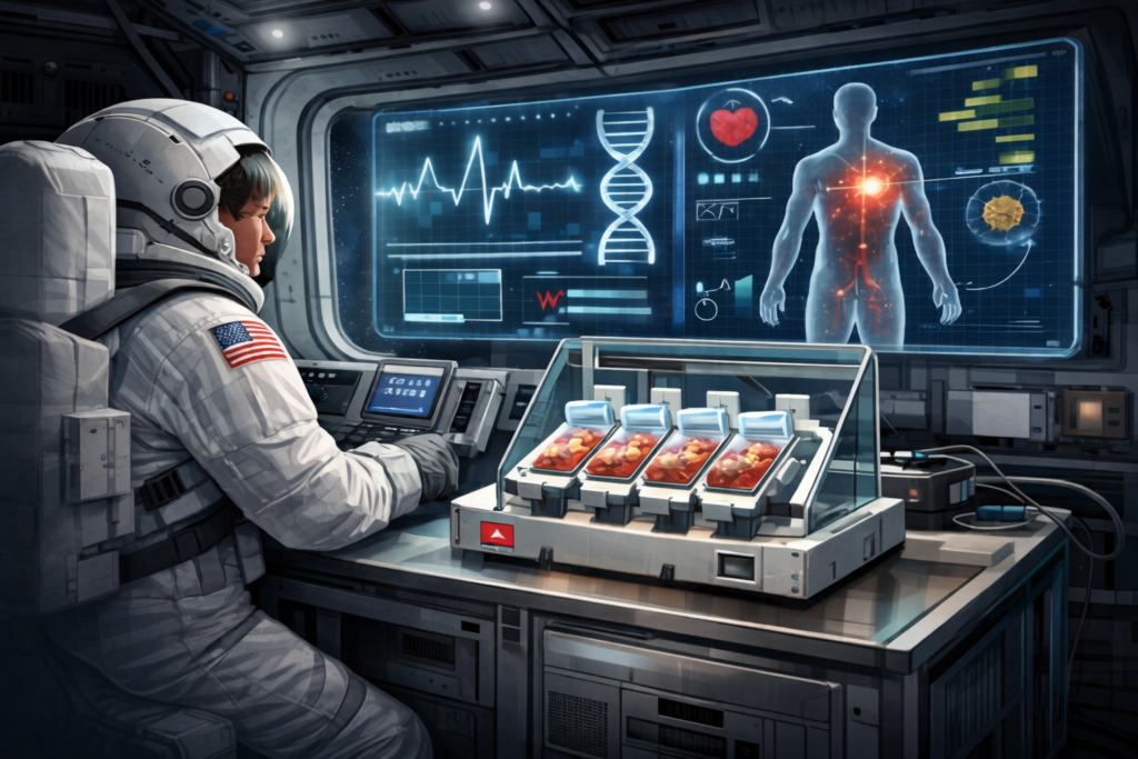 Astronaut v skafandri pracuje pri digitálnom pulte na palube Orionu. Pred ním je bioreaktor s tkanivovými čipmi (vzorkami krvi).