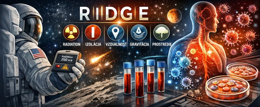Infografika s logom 'RIDGE'. Zobrazuje astronauta držiaceho detektor žiarenia (250 mSv), krvné vzorky, Petriho misky a ľudskú postavu so zápalovými vírusmi.