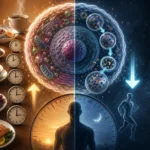 Ilustrácia rozdeleného metabolizmu: na jednej strane časté jedenie a rast buniek, na druhej pôst a bunková recyklácia autofágiou