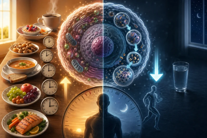 Ilustrácia rozdeleného metabolizmu: na jednej strane časté jedenie a rast buniek, na druhej pôst a bunková recyklácia autofágiou