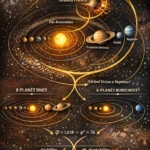 Ilustrácia slnečnej sústavy so zlatým rezom (φ), znázorňujúca hypotézu bifurkácie orbitálnych pomerov, pás asteroidov, Saturnove prstence a možnú dynamickú evolúciu planét.