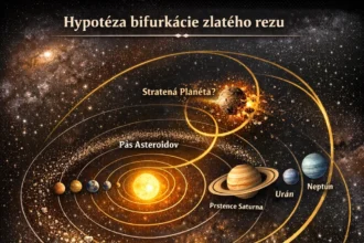 Ilustrácia slnečnej sústavy so zlatým rezom (φ), znázorňujúca hypotézu bifurkácie orbitálnych pomerov, pás asteroidov, Saturnove prstence a možnú dynamickú evolúciu planét.