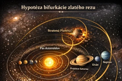 Ilustrácia slnečnej sústavy so zlatým rezom (φ), znázorňujúca hypotézu bifurkácie orbitálnych pomerov, pás asteroidov, Saturnove prstence a možnú dynamickú evolúciu planét.