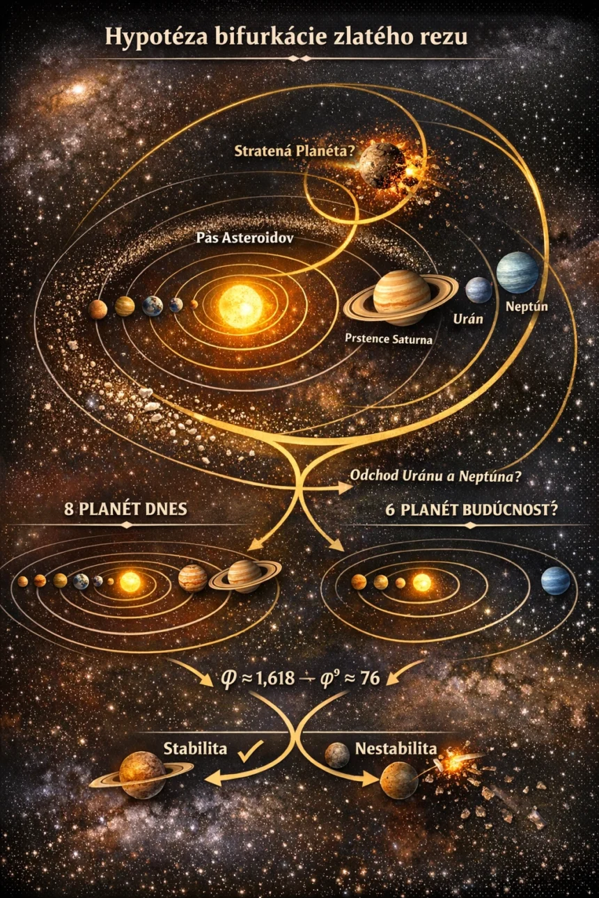Ilustrácia slnečnej sústavy so zlatým rezom (φ), znázorňujúca hypotézu bifurkácie orbitálnych pomerov, pás asteroidov, Saturnove prstence a možnú dynamickú evolúciu planét.
