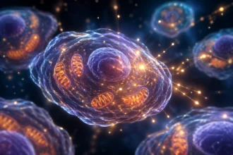 Živé bunky s viditeľnými mitochondriami vyžarujúce jemné svetlo v tmavom prostredí, ilustrácia biofotónov.