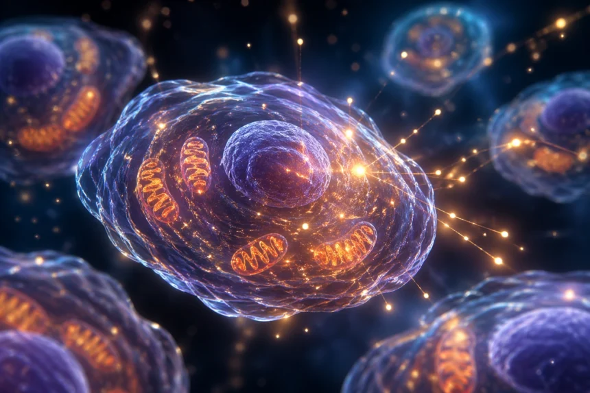 Živé bunky s viditeľnými mitochondriami vyžarujúce jemné svetlo v tmavom prostredí, ilustrácia biofotónov.