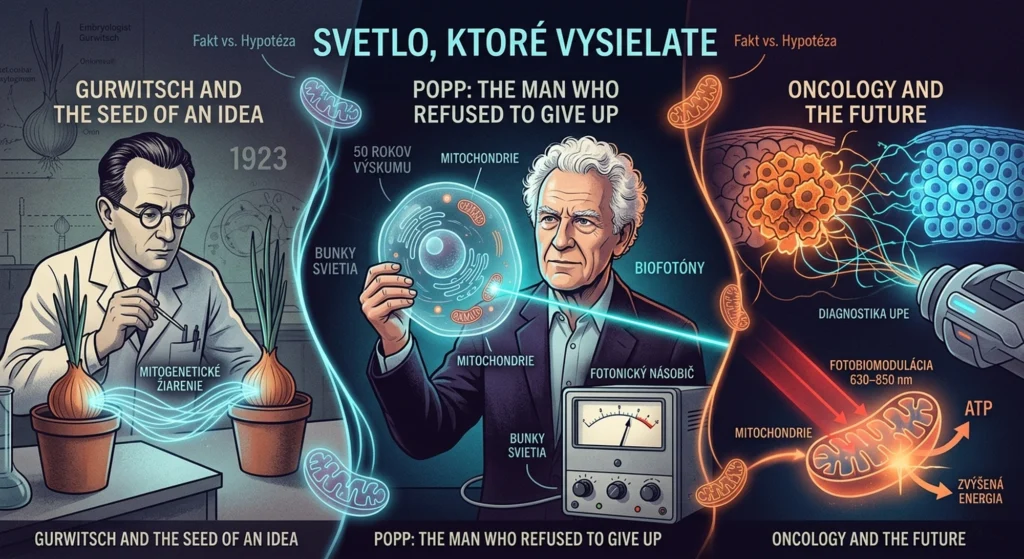 Ilustrácia vedca Fritza-Alberta Poppa držiaceho žiariacu bunku, vedľa neho pokus s cibuľami a diagram mitochondrií produkujúcich svetlo.