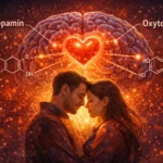 Ilustrácia objímajúceho sa páru, nad ktorým je zobrazený mozog a chemické vzorce molekúl dopamínu a oxytocínu.