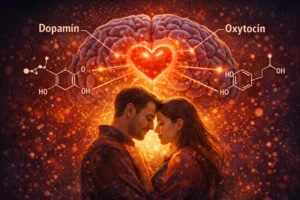 Ilustrácia objímajúceho sa páru, nad ktorým je zobrazený mozog a chemické vzorce molekúl dopamínu a oxytocínu.