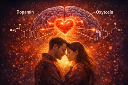 Ilustrácia objímajúceho sa páru, nad ktorým je zobrazený mozog a chemické vzorce molekúl dopamínu a oxytocínu.