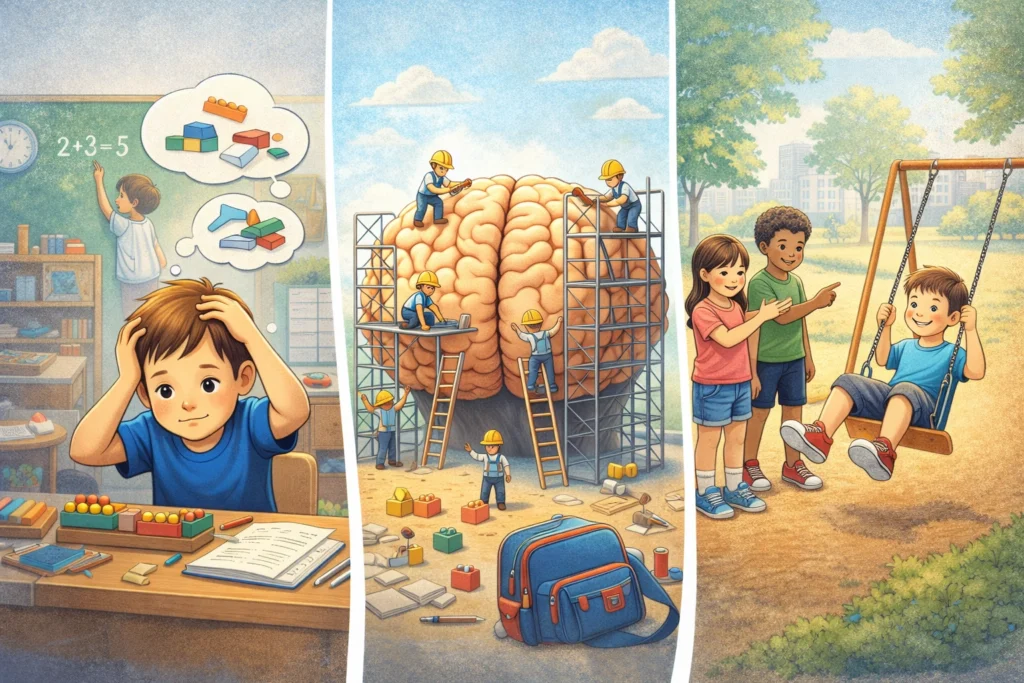Ilustrácia zobrazujúca tri aspekty vývoja školáka: učenie v triede, mozog vo výstavbe ako metafora exekutívnych funkcií a sociálne interakcie detí pri hre.
