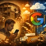 Ilustrácia digitálnej demencie: človek si nepamätá informácie, zatiaľ čo technologický systém a cloud (Google) uchovávajú dáta a preberajú kontrolu nad pamäťou