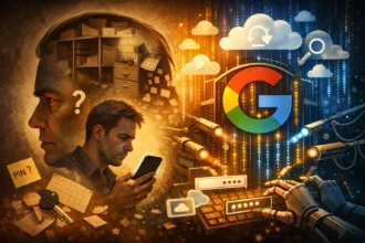 Ilustrácia digitálnej demencie: človek si nepamätá informácie, zatiaľ čo technologický systém a cloud (Google) uchovávajú dáta a preberajú kontrolu nad pamäťou