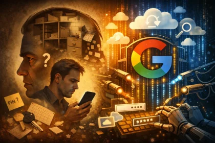 Ilustrácia digitálnej demencie: človek si nepamätá informácie, zatiaľ čo technologický systém a cloud (Google) uchovávajú dáta a preberajú kontrolu nad pamäťou