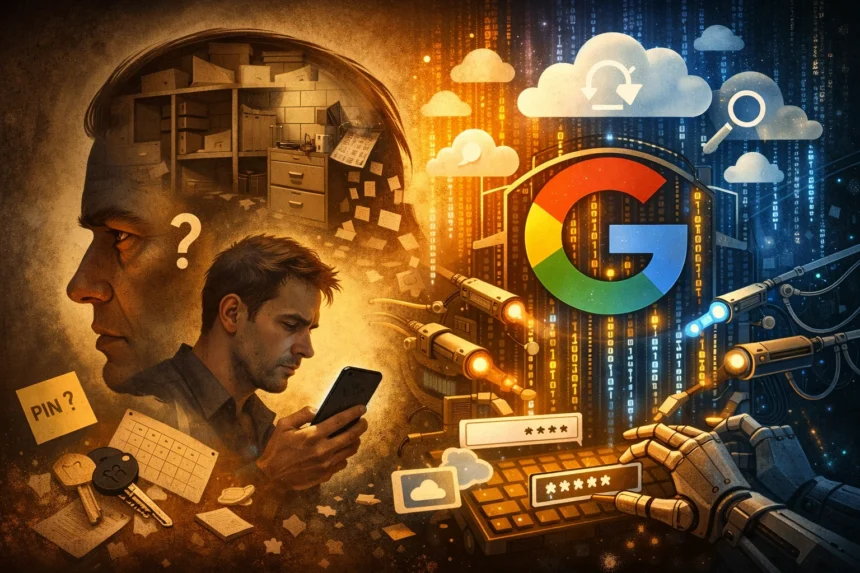 Ilustrácia digitálnej demencie: človek si nepamätá informácie, zatiaľ čo technologický systém a cloud (Google) uchovávajú dáta a preberajú kontrolu nad pamäťou