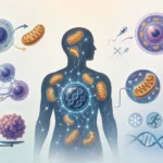 Infografika znázorňujúca endosymbiózu, materskú dedičnosť, funkciu elektrární a bunkovú reguláciu mitochondrií v ľudskom tele.