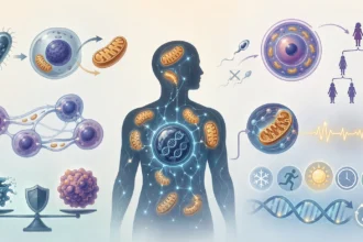 Infografika znázorňujúca endosymbiózu, materskú dedičnosť, funkciu elektrární a bunkovú reguláciu mitochondrií v ľudskom tele.