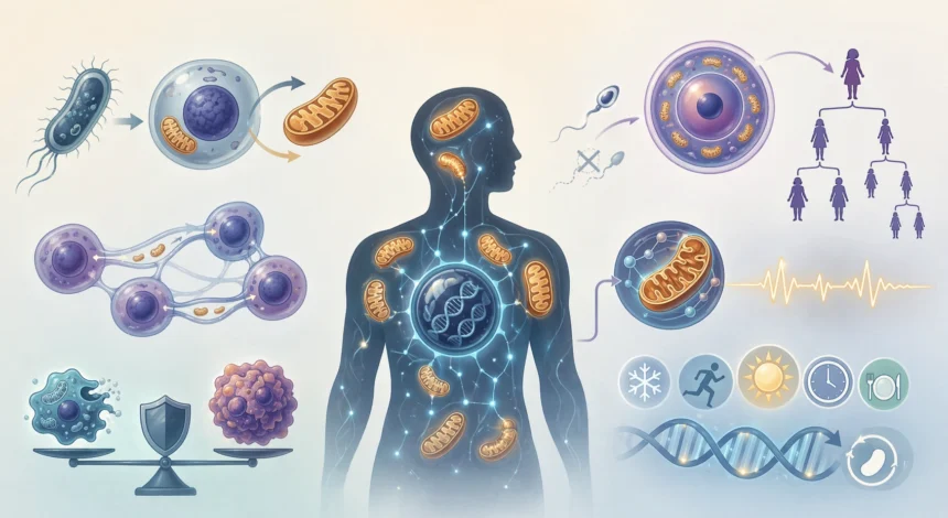 Infografika znázorňujúca endosymbiózu, materskú dedičnosť, funkciu elektrární a bunkovú reguláciu mitochondrií v ľudskom tele.