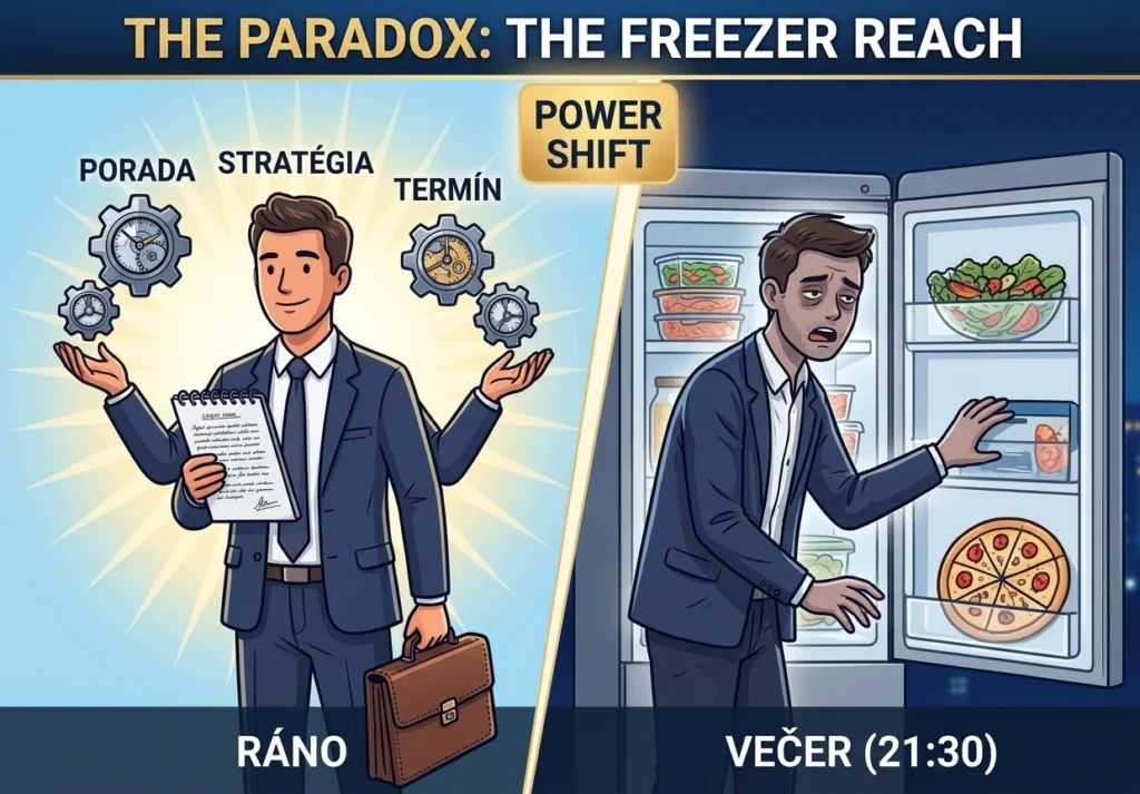 Porovnávacia ilustrácia muža v dvoch situáciách. Vľavo (Ráno) je usmievavý muž v obleku, ktorý hravo zvláda tri ozubené kolesá s nápismi Porada, Stratégia a Termín. Vpravo (Večer 21:30) je ten istý muž s tmavými kruhmi pod očami, vyčerpane hľadiaci do otvorenej chladničky, pričom ignoruje šalát a siaha po mrazenej pizze. Medzi nimi je nápis „Power Shift“.
