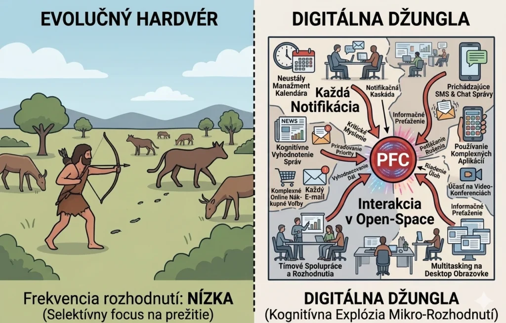 Infografika rozdelená na dve časti. Na ľavej strane „Evolučný hardvér“ je praveký lovec v prírode s lukom, kde je frekvencia rozhodnutí označená ako nízka. Na pravej strane „Digitálna džungľa“ je schéma prefrontálneho kortexu (PFC), na ktorý útočia šípky symbolizujúce neustále notifikácie, e-maily a interakcie v open-space kancelárii, čo vedie k informačnému preťaženiu.
