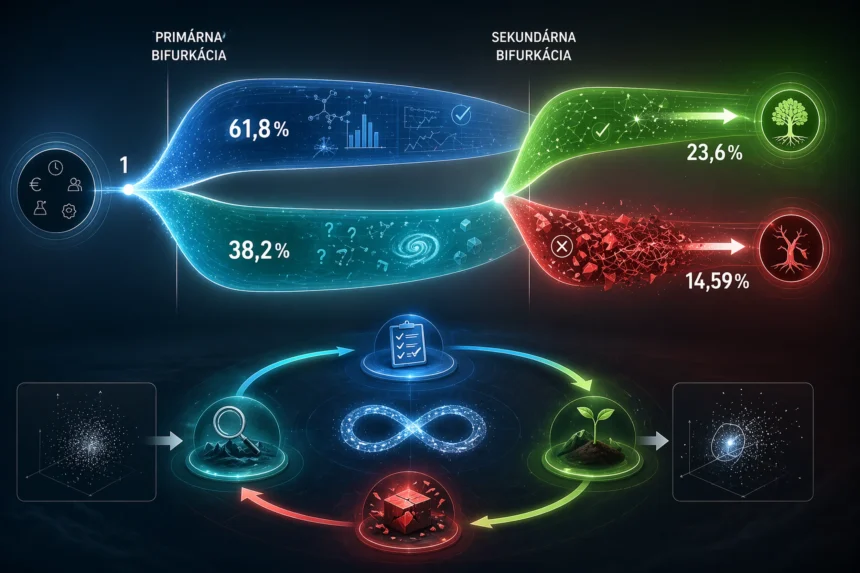 Abstraktný vizuál ϕ-iterácie zobrazujúci rozdelenie výskumu na stabilitu, exploráciu a zlyhanie s iteratívnym cyklom učenia.