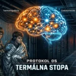 Ilustrácia postáv Huga a Niny v tmavom serverovom centre, zabalených v strieborných termofóliách na potlačenie tepelnej stopy. Nad nimi sa vznáša holografická vizualizácia ľudského mozgu s vyznačenými procesmi termoregulácie a endotermickej reakcie. V pozadí svieti červený nápis ZRKADLO na dverách serverovne.