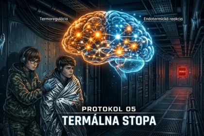 Ilustrácia postáv Huga a Niny v tmavom serverovom centre, zabalených v strieborných termofóliách na potlačenie tepelnej stopy. Nad nimi sa vznáša holografická vizualizácia ľudského mozgu s vyznačenými procesmi termoregulácie a endotermickej reakcie. V pozadí svieti červený nápis ZRKADLO na dverách serverovne.