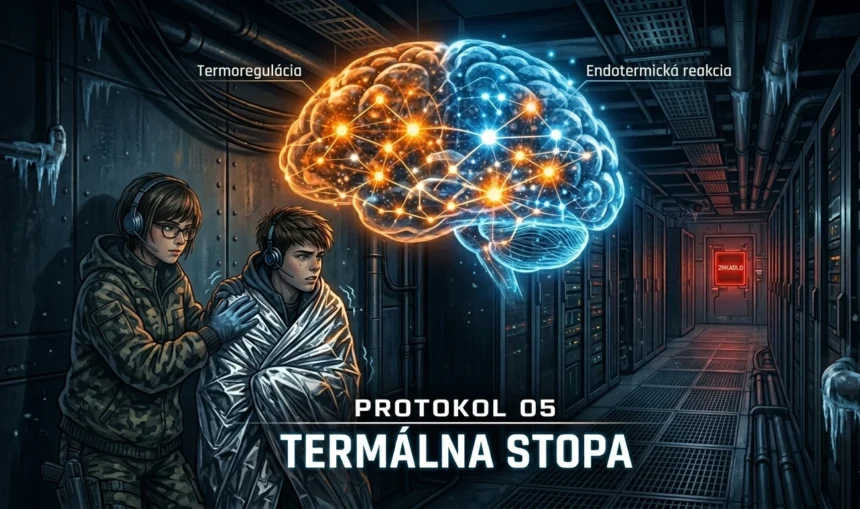 Ilustrácia postáv Huga a Niny v tmavom serverovom centre, zabalených v strieborných termofóliách na potlačenie tepelnej stopy. Nad nimi sa vznáša holografická vizualizácia ľudského mozgu s vyznačenými procesmi termoregulácie a endotermickej reakcie. V pozadí svieti červený nápis ZRKADLO na dverách serverovne.