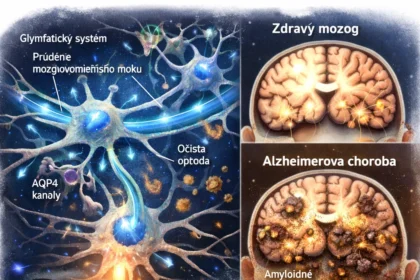 Ilustrácia glymfatického systému mozgu zobrazujúca prúdenie mozgovomiešneho moku medzi neurónmi, odstraňovanie amyloidného odpadu počas spánku a porovnanie zdravého a poškodeného mozgového tkaniva pri Alzheimerovej chorobe.