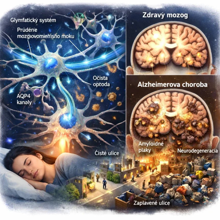 Ilustrácia glymfatického systému mozgu zobrazujúca prúdenie mozgovomiešneho moku medzi neurónmi, odstraňovanie amyloidného odpadu počas spánku a porovnanie zdravého a poškodeného mozgového tkaniva pri Alzheimerovej chorobe.