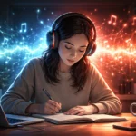 Žena so slúchadlami píše poznámky pri stole, za ňou sú farebné zvukové vlny znázorňujúce vplyv hudby na sústredenie a pracovnú pamäť.