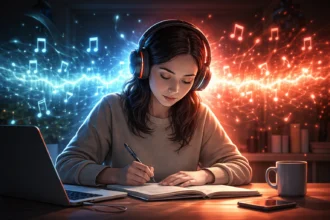 Žena so slúchadlami píše poznámky pri stole, za ňou sú farebné zvukové vlny znázorňujúce vplyv hudby na sústredenie a pracovnú pamäť.