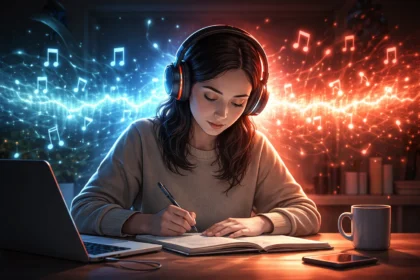Žena so slúchadlami píše poznámky pri stole, za ňou sú farebné zvukové vlny znázorňujúce vplyv hudby na sústredenie a pracovnú pamäť.