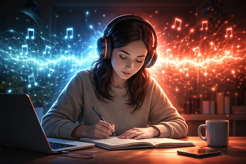 Žena so slúchadlami píše poznámky pri stole, za ňou sú farebné zvukové vlny znázorňujúce vplyv hudby na sústredenie a pracovnú pamäť.