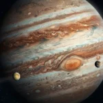 Detailný pohľad na planétu Jupiter s viditeľnou Veľkou červenou škvrnou a jeho hlavnými mesiacmi v hlbokom vesmíre.