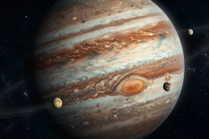 Detailný pohľad na planétu Jupiter s viditeľnou Veľkou červenou škvrnou a jeho hlavnými mesiacmi v hlbokom vesmíre.