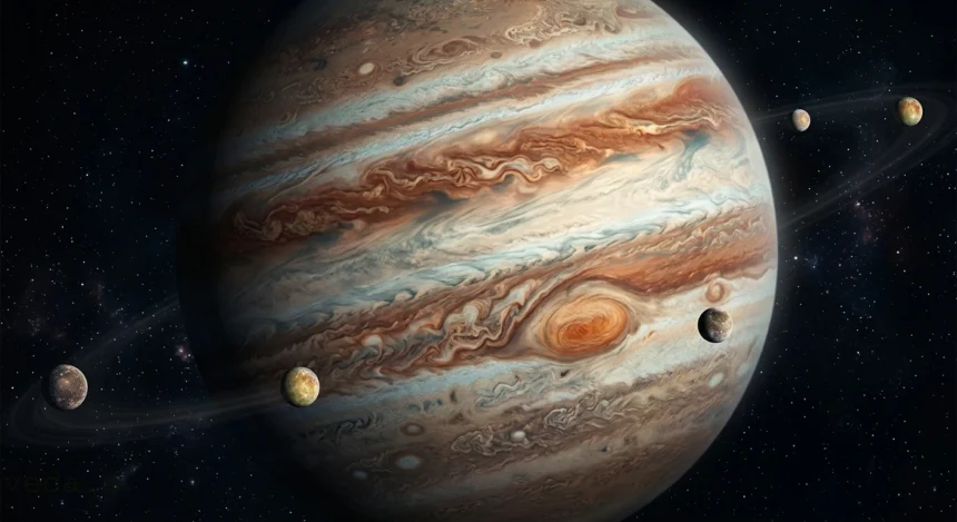Detailný pohľad na planétu Jupiter s viditeľnou Veľkou červenou škvrnou a jeho hlavnými mesiacmi v hlbokom vesmíre.