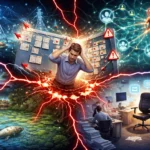 Kolaps projektu po strate kľúčového člena tímu znázornený ako rozpad siete a preťaženie zvyšných uzlov