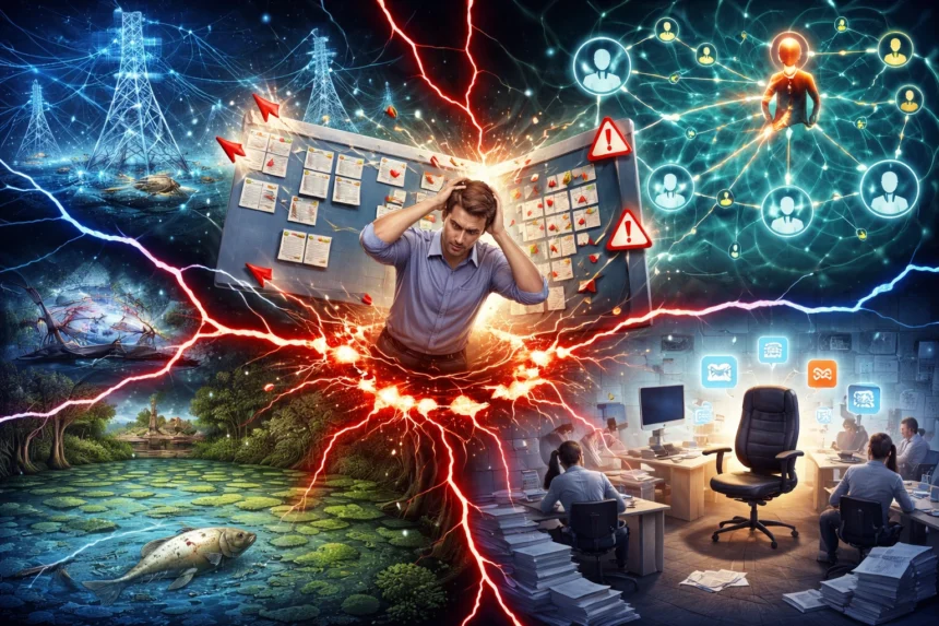 Kolaps projektu po strate kľúčového člena tímu znázornený ako rozpad siete a preťaženie zvyšných uzlov