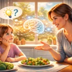 Dievča sa pýta otázku pri stole s rodičom, medzi nimi svieti ilustrácia mozgu symbolizujúca rozvoj kritického myslenia v detstve