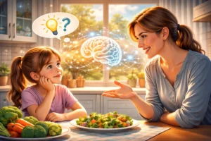 Dievča sa pýta otázku pri stole s rodičom, medzi nimi svieti ilustrácia mozgu symbolizujúca rozvoj kritického myslenia v detstve