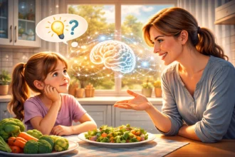 Dievča sa pýta otázku pri stole s rodičom, medzi nimi svieti ilustrácia mozgu symbolizujúca rozvoj kritického myslenia v detstve