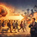 Ilustrácia mozgu šetriaceho energiu nasledovaním davu, informačná kaskáda a vplyv sociálnych sietí na rozhodovanie